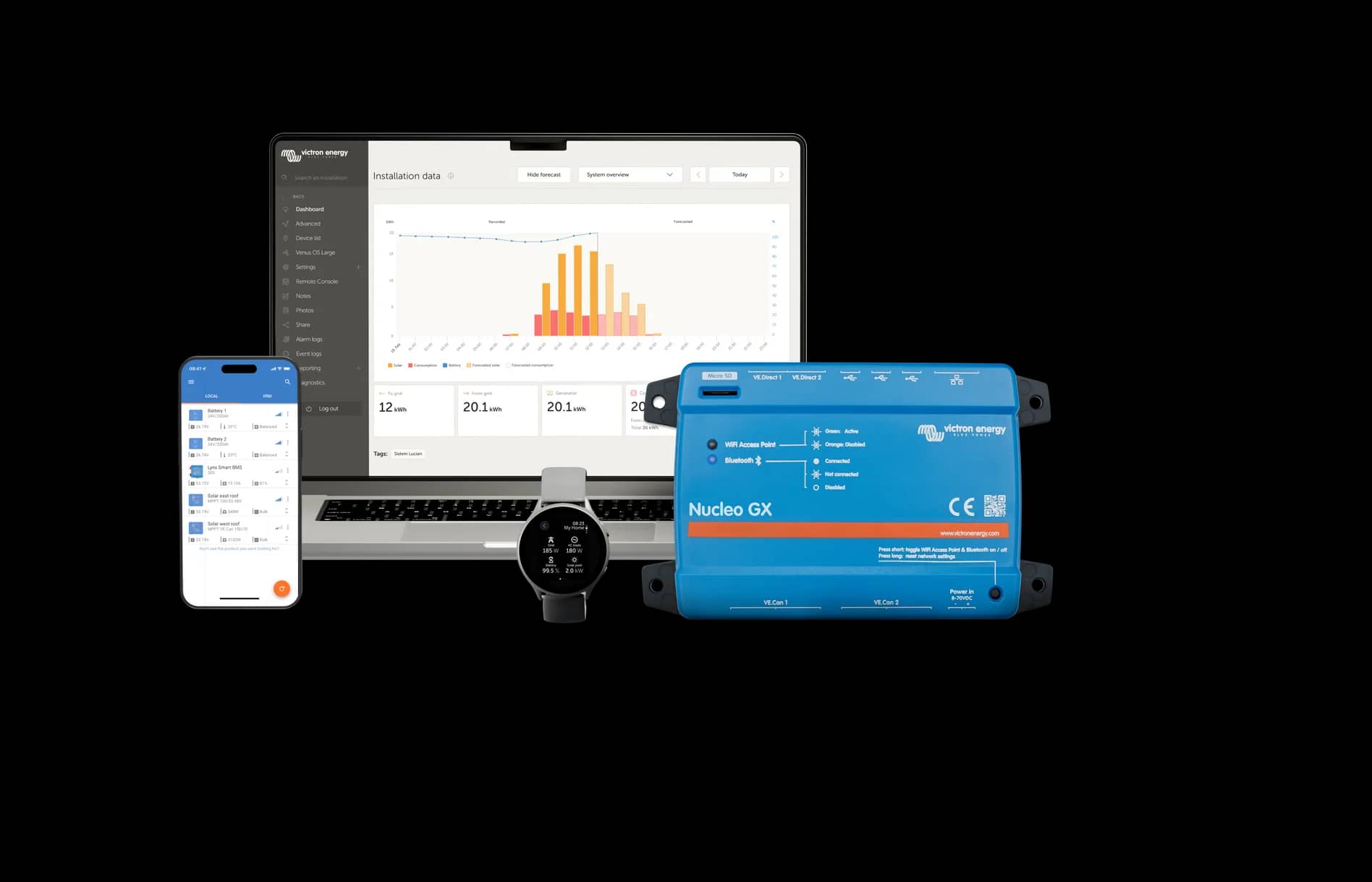 VRM-portal og VictronConnect-app som overvåker et Nucleo GX-system